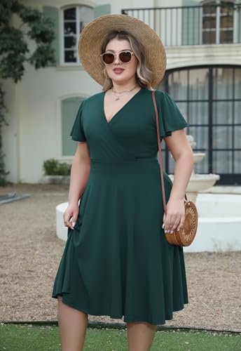 Nemidor Plus Size Dresses for Curvy Women Casual Summer V Neck Short Sleeve Midi Cocktail Vintage Dress with Pocket(073,22,Green) - Image 5