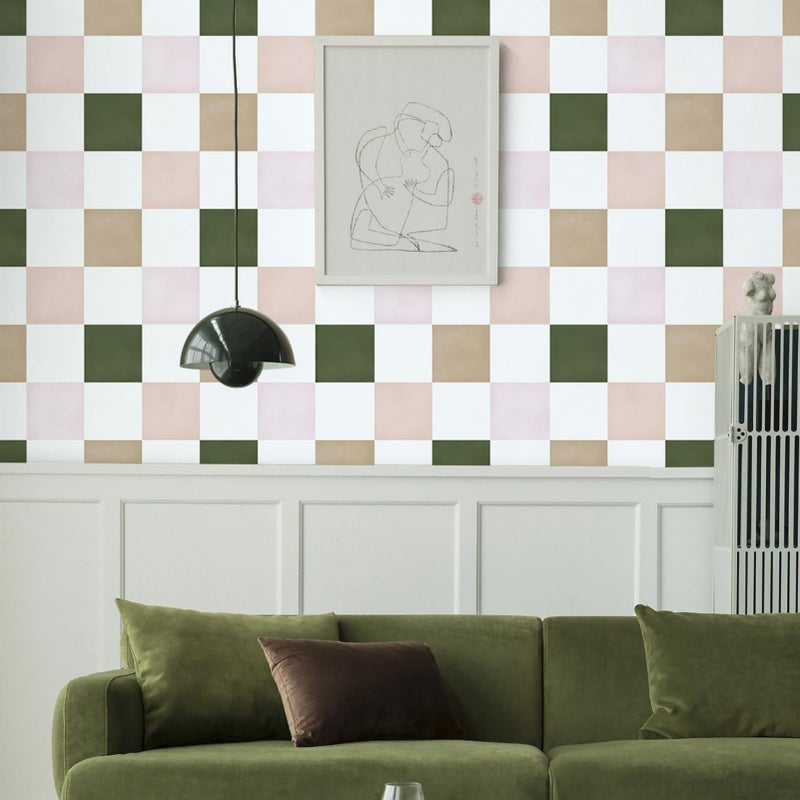 Ismoon Wall Paper Peel and Stick Modern Plaid Wallpaper 17.3" x 78.7" Green and White Mosaic Checkered Wallpaper Geometric Contact Paper for Bathroom Cabinets and Drawers Decor - Image 2