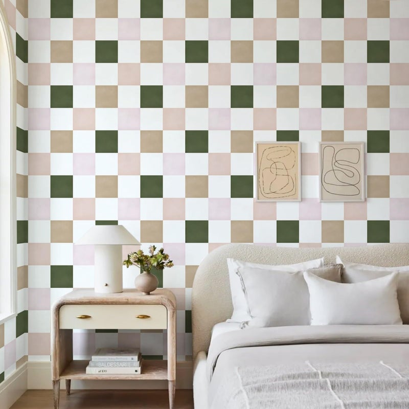Ismoon Wall Paper Peel and Stick Modern Plaid Wallpaper 17.3" x 78.7" Green and White Mosaic Checkered Wallpaper Geometric Contact Paper for Bathroom Cabinets and Drawers Decor - Image 4