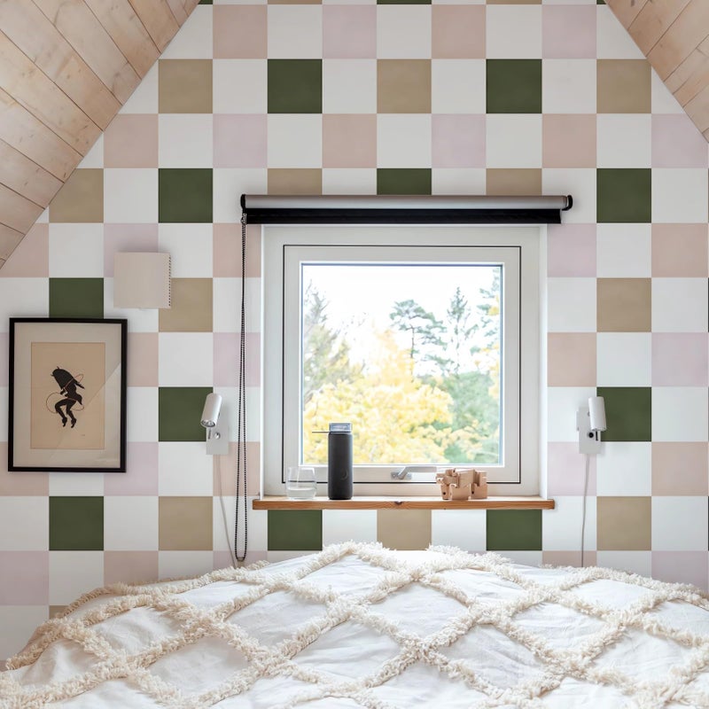 Ismoon Wall Paper Peel and Stick Modern Plaid Wallpaper 17.3" x 78.7" Green and White Mosaic Checkered Wallpaper Geometric Contact Paper for Bathroom Cabinets and Drawers Decor - Image 3