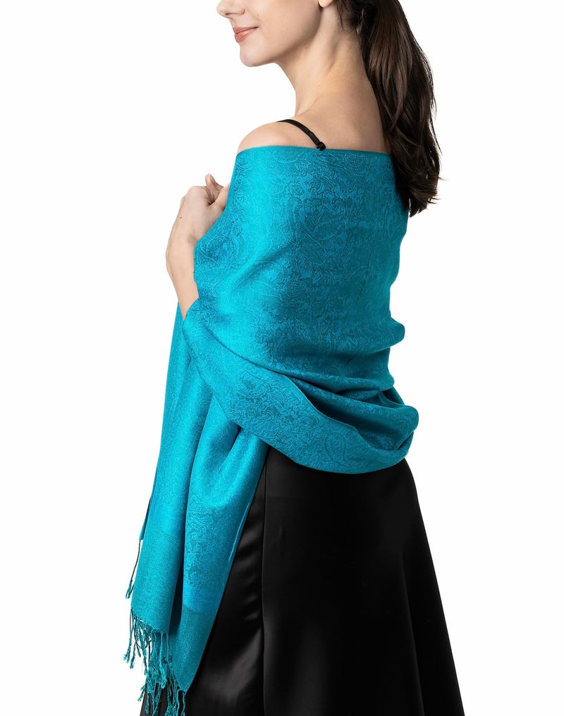 Achillea Two Tone Vintage Jacquard Paisley Pashmina Shawl Wrap Scarf (Aqua) - Image 1