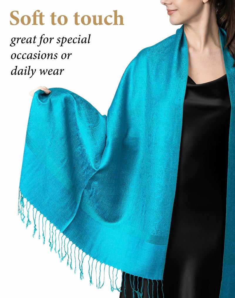 Achillea Two Tone Vintage Jacquard Paisley Pashmina Shawl Wrap Scarf (Aqua) - Image 4