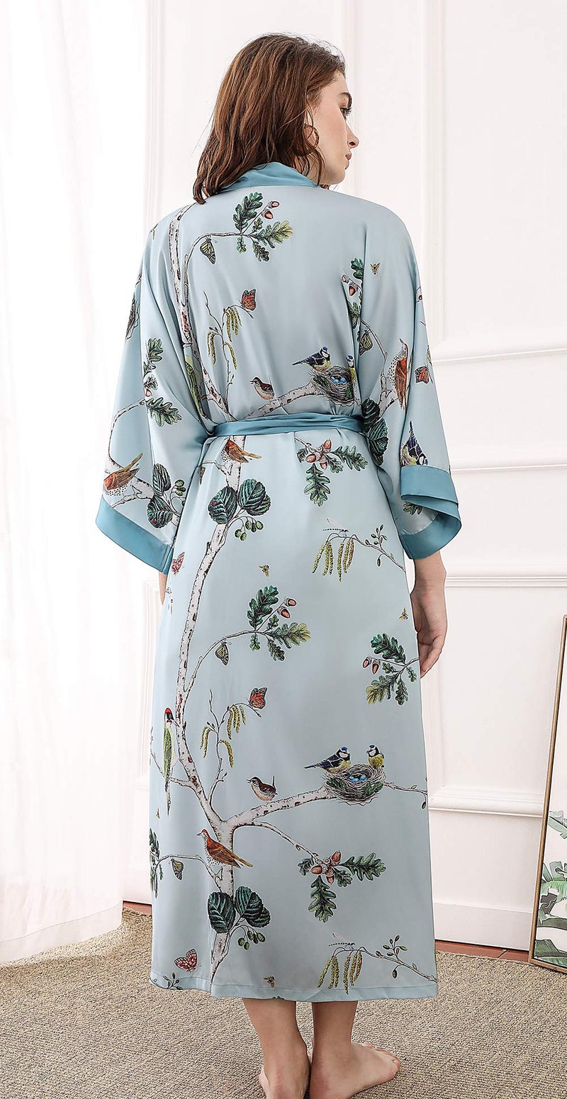 Aensso long soft silk y kimono robes for women, turquoise blouse cover up loose cardigan house robe - Image 5