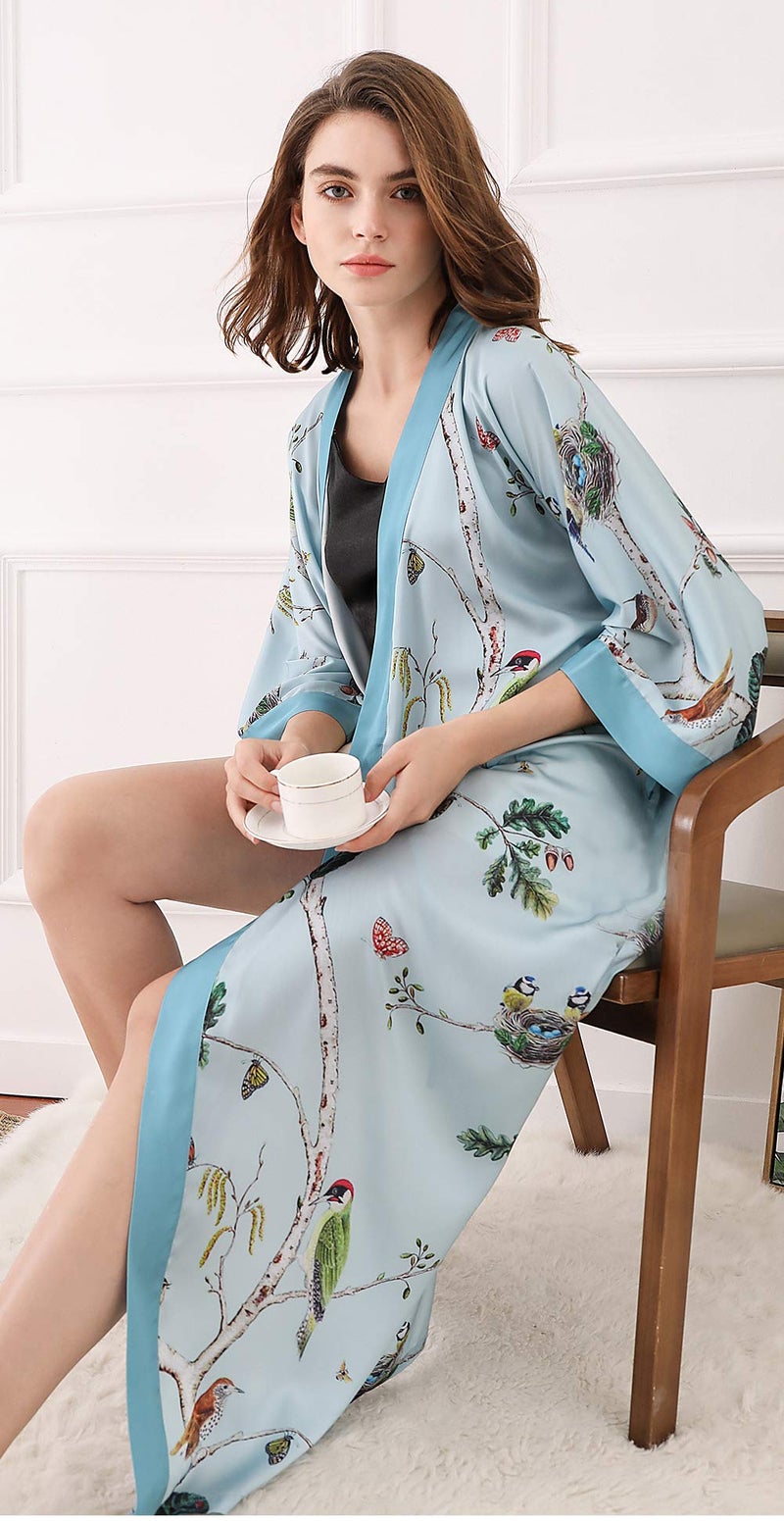 Aensso long soft silk y kimono robes for women, turquoise blouse cover up loose cardigan house robe - Image 4