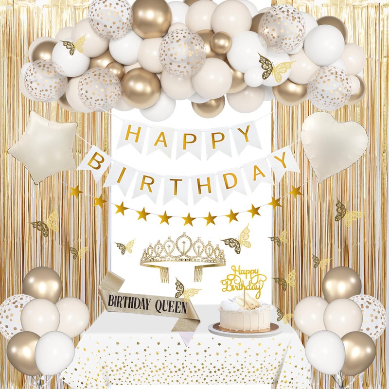 Amandir Birthday Decorations for Women White Sand Beige Cream Neutral Gold Foil Balloons Table Cloth Sash Crown Curtains Happy Birthday Banner Golden Star Garland Butterfly Boho Party Supplies - Image 3