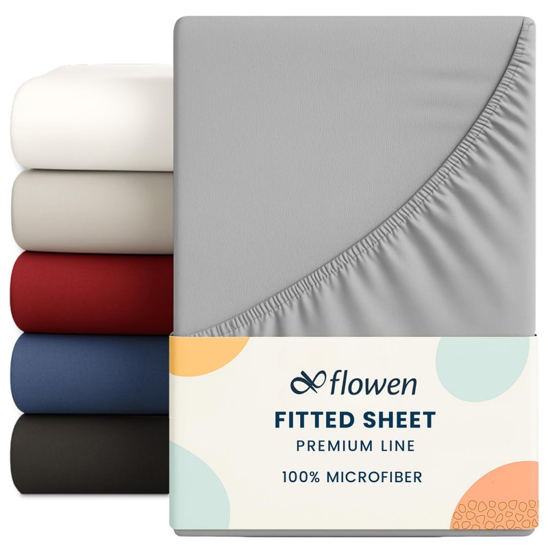 Flowen Small Double Fitted Sheet for Size 120x200 cm in Light Gray Microfiber Bottom Fitted Sheet Deep Pocket 12 inch up to 30cm in Soft Brushed Microfiber Fabric Easy Care Shrinkage and Fade Resistant