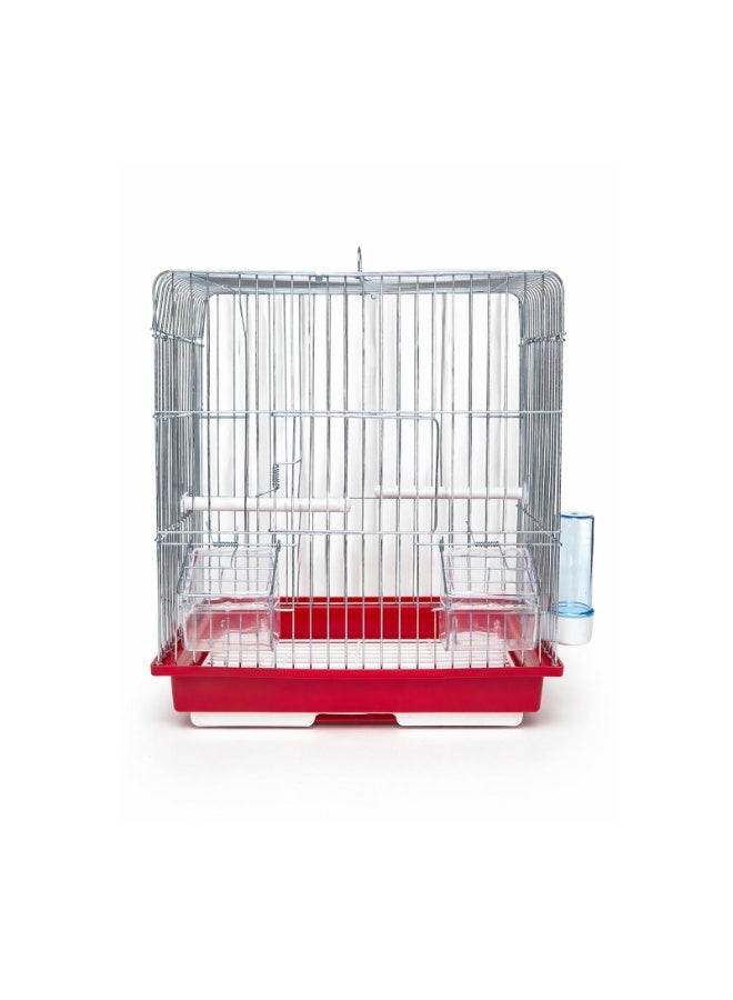 Premium House-Style Bird Cage - 30x20x36.5cm Brushed Metal Finish Mesh Top with 2 Feeder Bowls, 2 Side-Hooked Perches & 1 Waterer - Available in Red/Green Base - Image 1