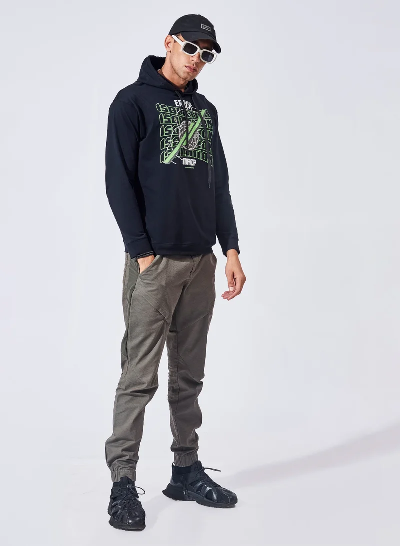Maniac Maniac Mens Printed Hooded Neck Full Sleeve Black and Green Boxy Fit Cotton T-Shirt