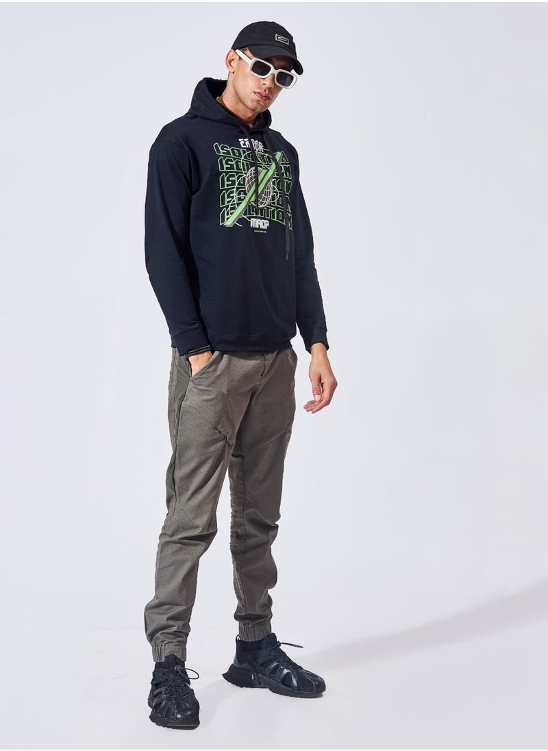 Maniac Maniac Mens Printed Hooded Neck Full Sleeve Black and Green Boxy Fit Cotton T-Shirt  - Image 4