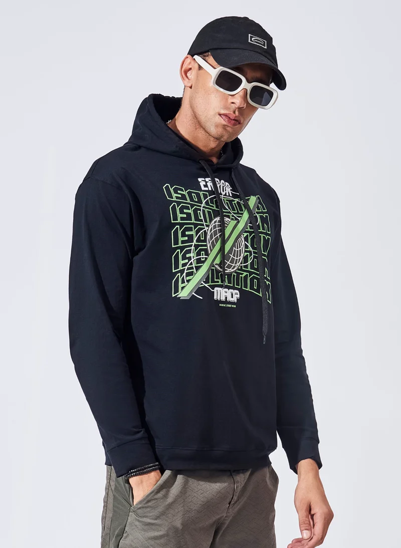 Maniac Maniac Mens Printed Hooded Neck Full Sleeve Black and Green Boxy Fit Cotton T-Shirt