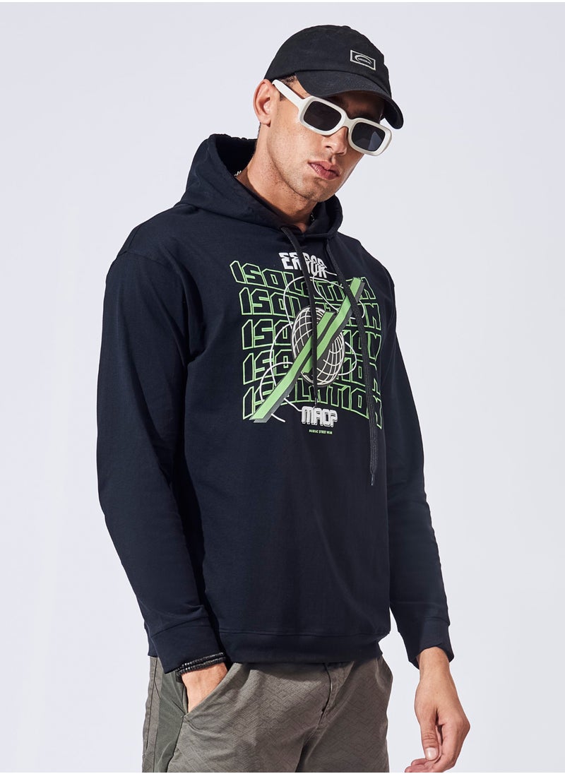 Maniac Maniac Mens Printed Hooded Neck Full Sleeve Black and Green Boxy Fit Cotton T-Shirt  - Image 2