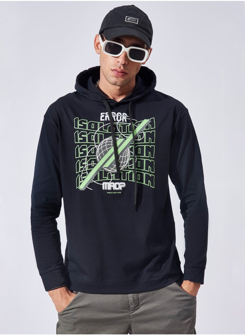 Maniac Maniac Mens Printed Hooded Neck Full Sleeve Black and Green Boxy Fit Cotton T-Shirt  - Image 1