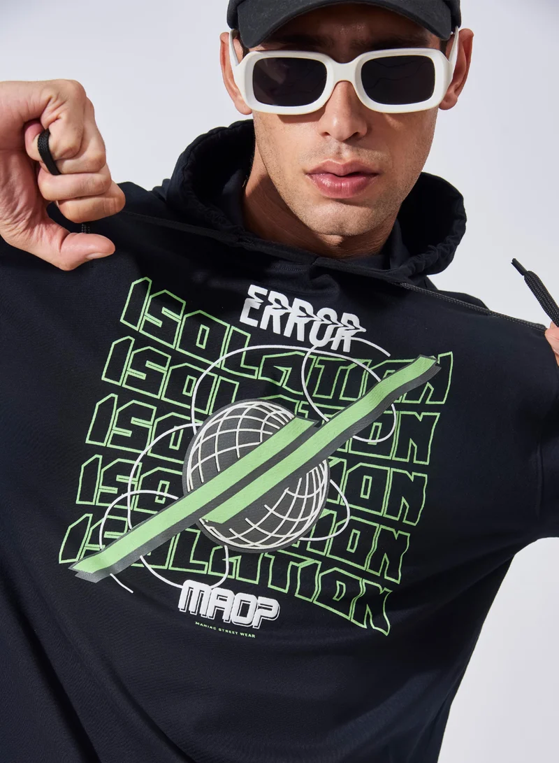 Maniac Maniac Mens Printed Hooded Neck Full Sleeve Black and Green Boxy Fit Cotton T-Shirt