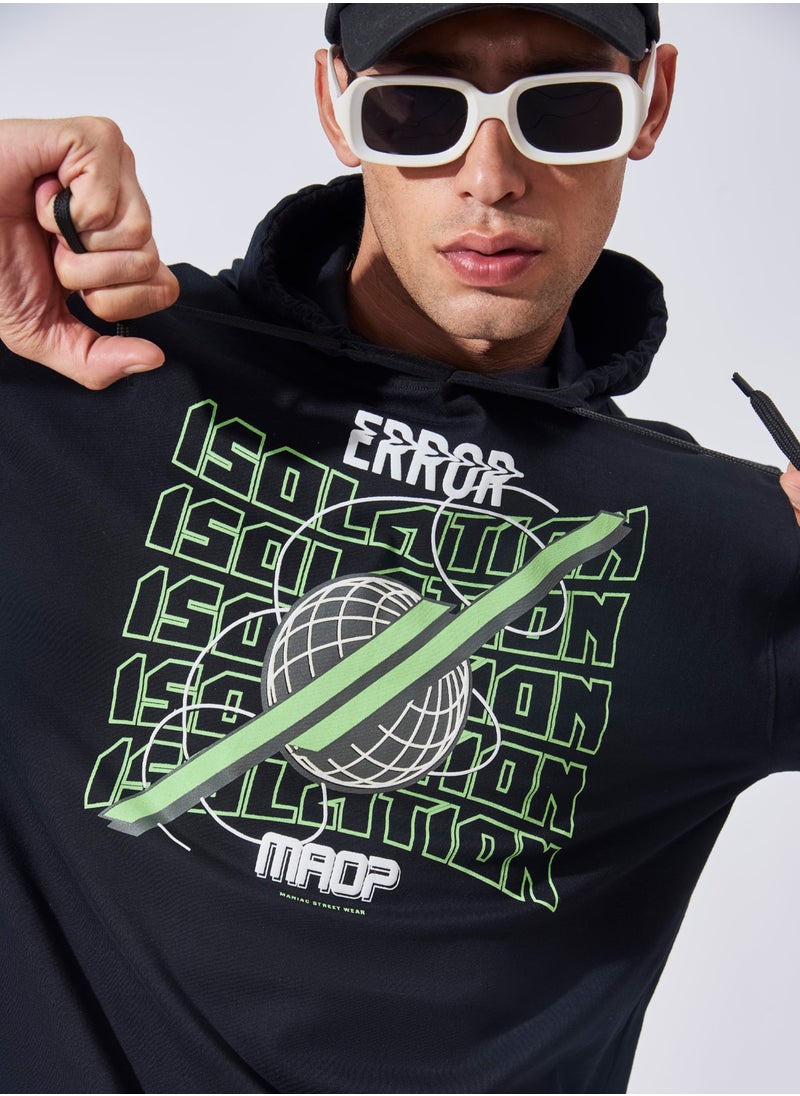 Maniac Maniac Mens Printed Hooded Neck Full Sleeve Black and Green Boxy Fit Cotton T-Shirt  - Image 3