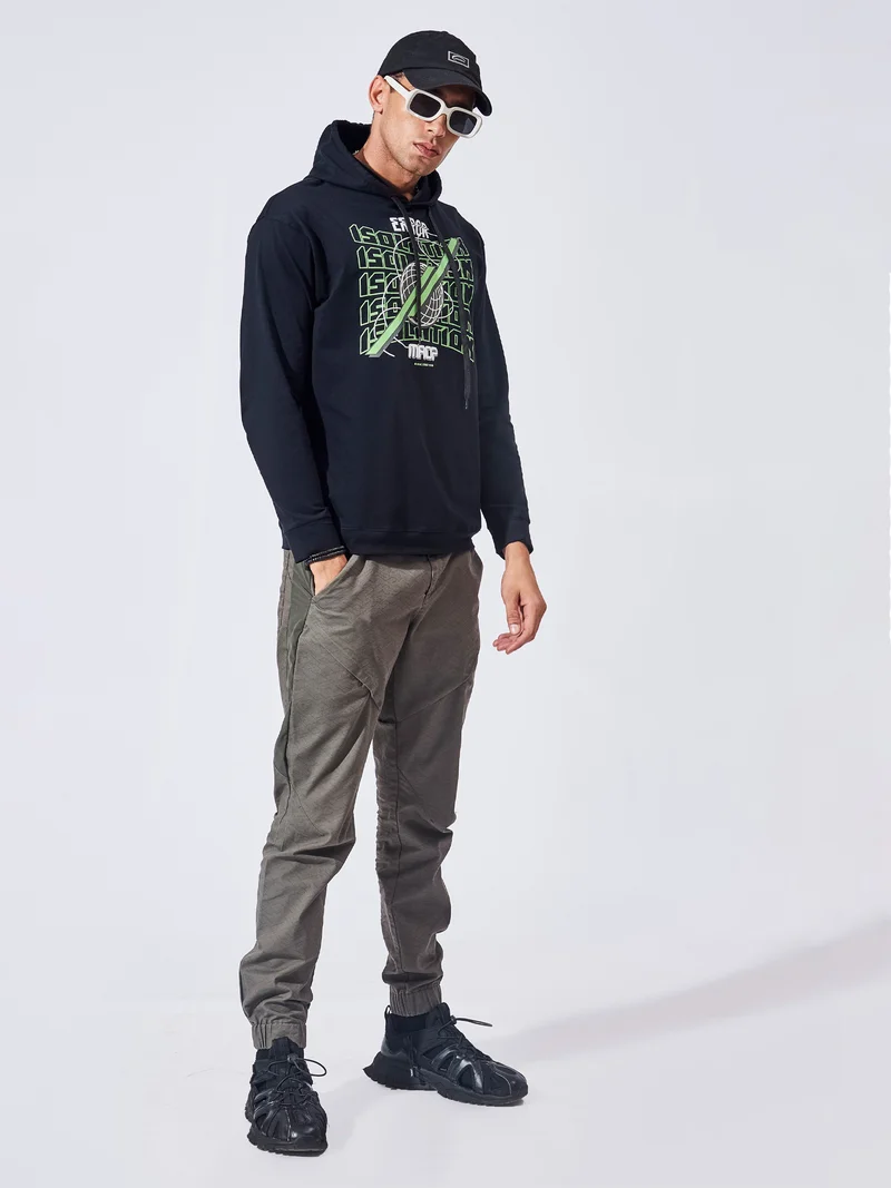 Maniac Maniac Mens Printed Hooded Neck Full Sleeve Black and Green Boxy Fit Cotton T-Shirt