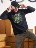 Maniac Maniac Mens Printed Hooded Neck Full Sleeve Black and Green Boxy Fit Cotton T-Shirt