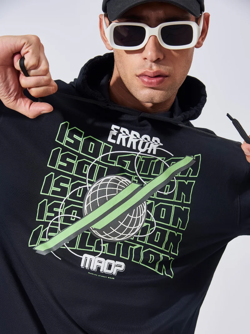 Maniac Maniac Mens Printed Hooded Neck Full Sleeve Black and Green Boxy Fit Cotton T-Shirt