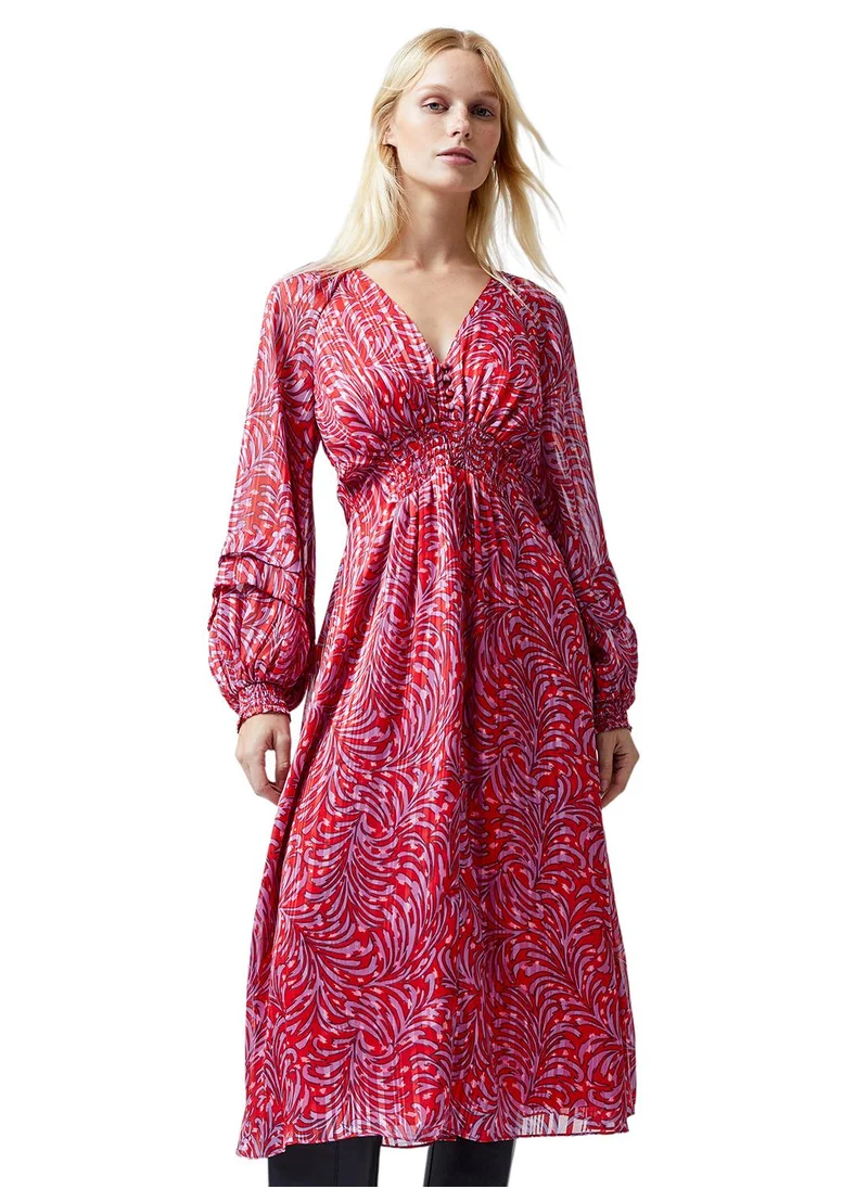 French Connection Puff Sleeve Printed Mid-Calf Dress