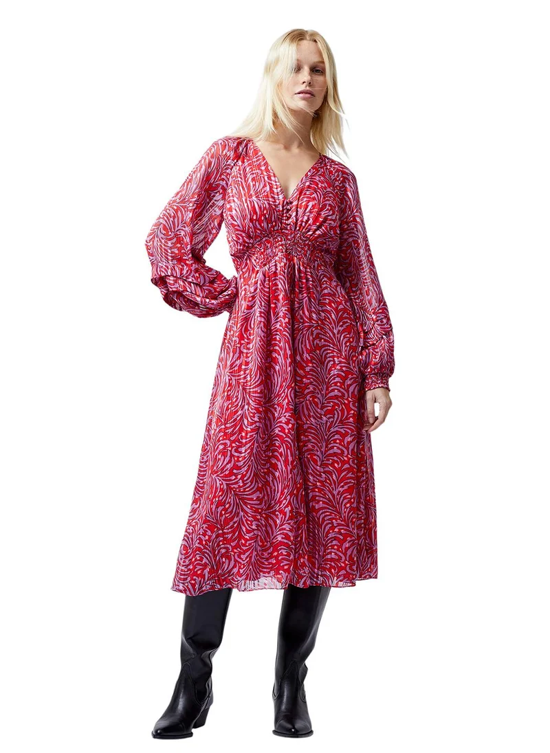 French Connection Puff Sleeve Printed Mid-Calf Dress