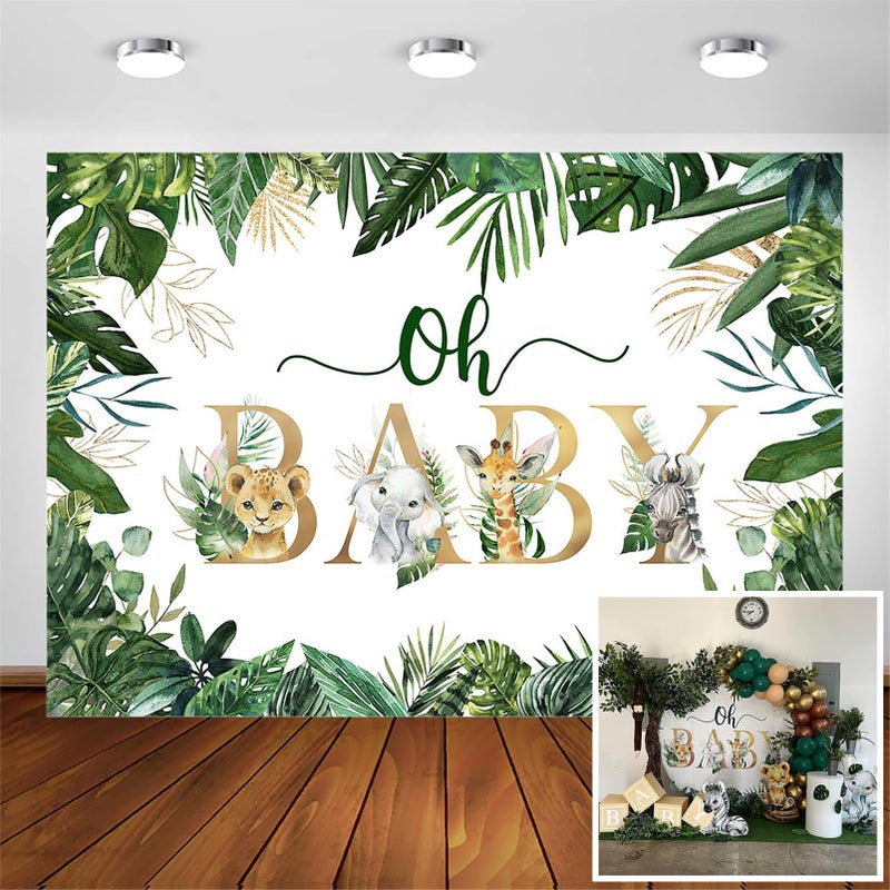 Avezano Jungle Animals Oh Baby Backdrop for Baby Shower Decoration Photography Background Safari Gold Green Greenery Leaves Gender Neutral Baby Shower Birthday Party Photoshoot 7x5ft