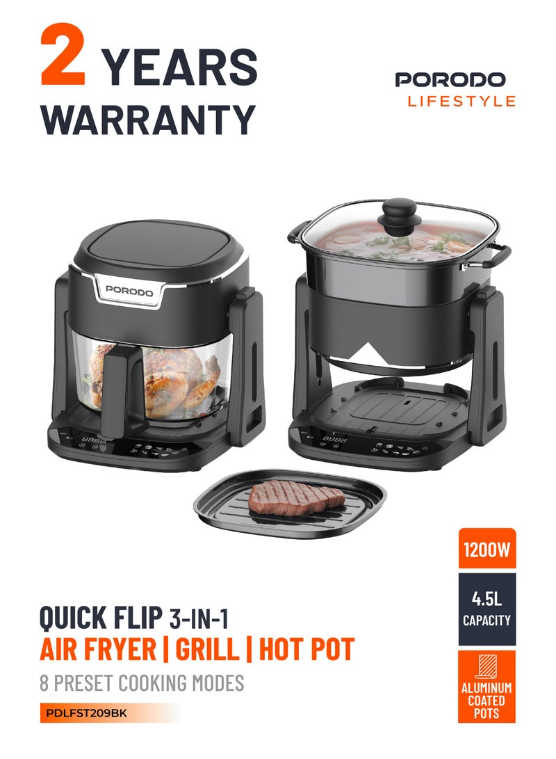 بورودو مقلاة هوائية سريعة القلاب 3 في 1، شواية ووعاء ساخن بسعة 4.5 لتر ووعاء مطلي بالألومنيوم / تقنية الحرارة التوربينية 360 درجة / 8 أوضاع طهي محددة مسبقًا / اقلب لتغيير الأوضاع / سلة زجاجية مرئية بنسبة 100% - أسود - Image 1