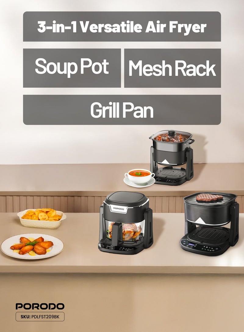 بورودو مقلاة هوائية سريعة القلاب 3 في 1، شواية ووعاء ساخن بسعة 4.5 لتر ووعاء مطلي بالألومنيوم / تقنية الحرارة التوربينية 360 درجة / 8 أوضاع طهي محددة مسبقًا / اقلب لتغيير الأوضاع / سلة زجاجية مرئية بنسبة 100% - أسود - Image 2