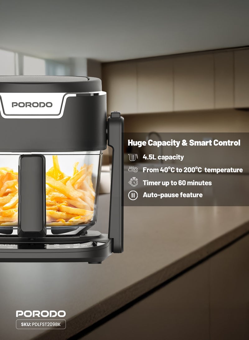 بورودو مقلاة هوائية سريعة القلاب 3 في 1، شواية ووعاء ساخن بسعة 4.5 لتر ووعاء مطلي بالألومنيوم / تقنية الحرارة التوربينية 360 درجة / 8 أوضاع طهي محددة مسبقًا / اقلب لتغيير الأوضاع / سلة زجاجية مرئية بنسبة 100% - أسود - Image 5