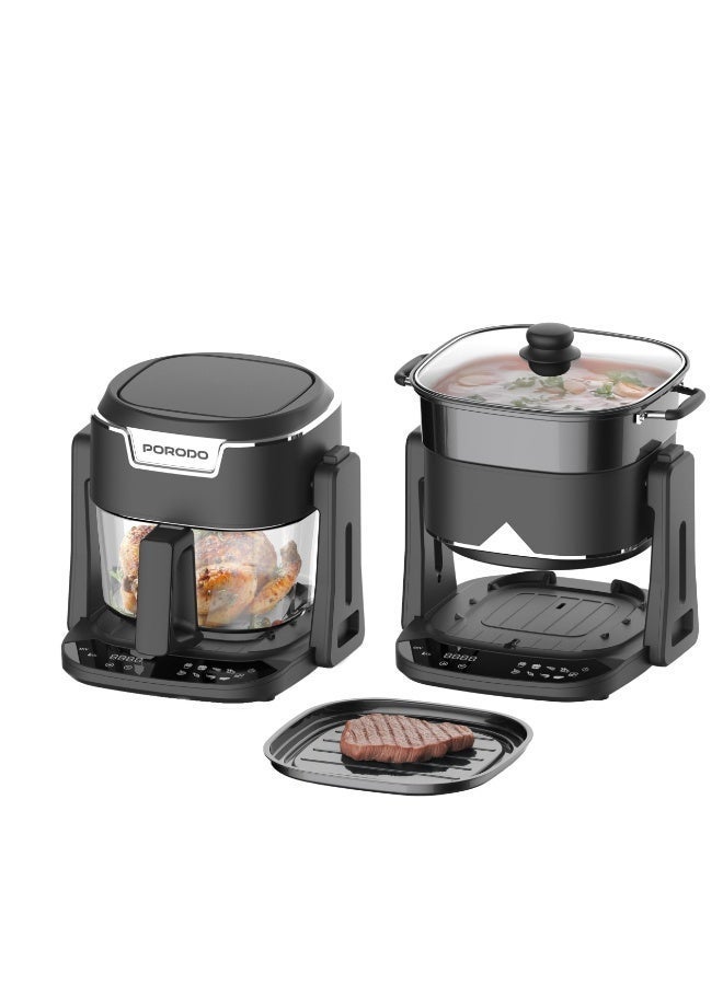 بورودو قلاية هوائية 3 في 1 مع شواية ووعاء ساخن Quick Flip بسعة 4.5 لتر ووعاء مغطى بالألمنيوم، تقنية حرارة توربو 360°، 8 أوضاع طبخ مسبقة، قلاية هوائية، تغيير الوضع عند التبديل، سلة زجاجية شفافة 100% - أسود - Image 1
