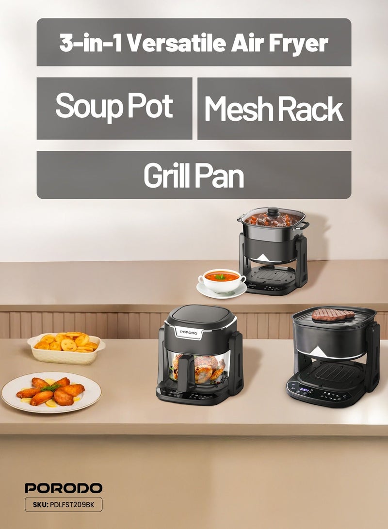 بورودو قلاية هوائية 3 في 1 مع شواية ووعاء ساخن Quick Flip بسعة 4.5 لتر ووعاء مغطى بالألمنيوم، تقنية حرارة توربو 360°، 8 أوضاع طبخ مسبقة، قلاية هوائية، تغيير الوضع عند التبديل، سلة زجاجية شفافة 100% - أسود - Image 2