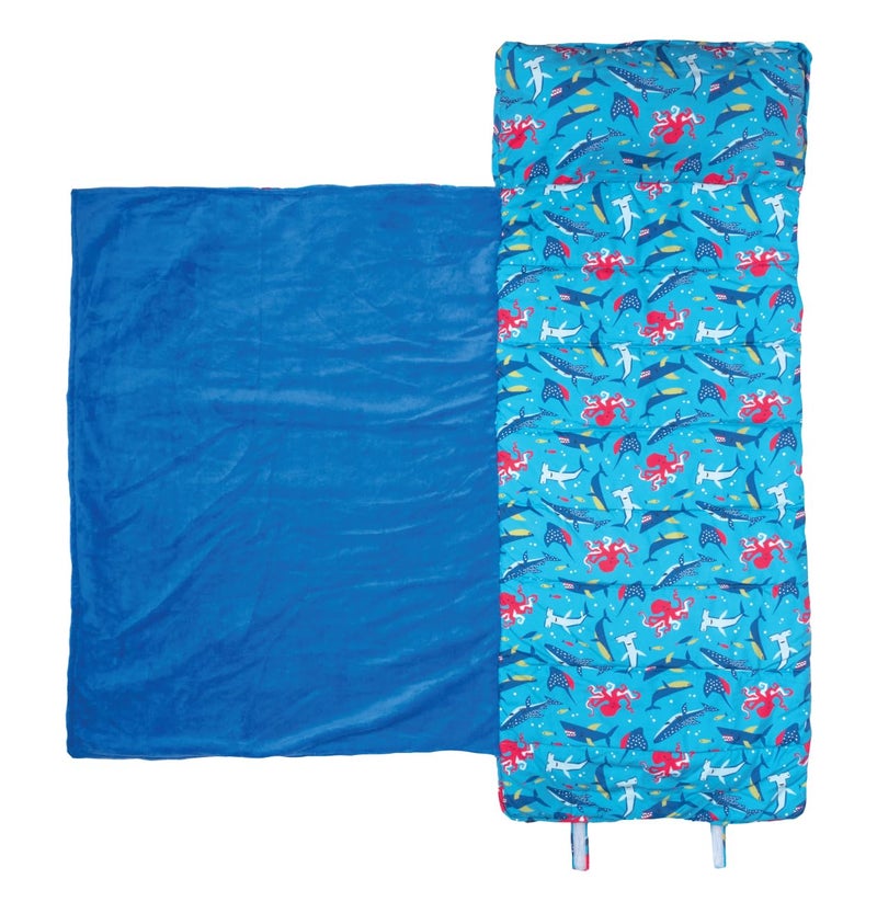 Stephen Joseph Toddler All Over Print Nap Mat with Soft Blanket and Removable Pillow for Boys Girls Kids Sleeping Bag for Elementary Daycare Preschool with Carry Handle Blue Shark