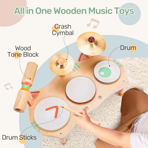 WINGYZ Kids Drum Set for Toddlers AllinOne Montessori Musical Instruments Wooden Music Toys for Baby Neutral Colors Sensory Preschool Drum Kit Birthday Gifts for Boys Girls - Image 5
