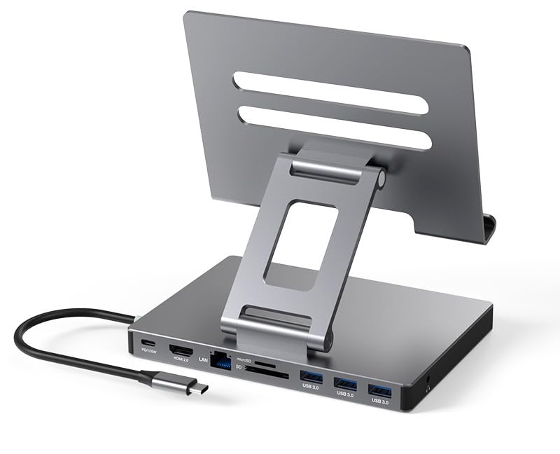 NXPGKEA iPad USB C Hub Stand 9in1 Multiport Adapter for iPad Pro M4 M3 M2 13 129 11 Inch Docking Station Foldable with 4K60Hz HDMI RJ45 Gigabit Ethernet SDTF Card Reader USB 30 35 mm Audio - Image 1