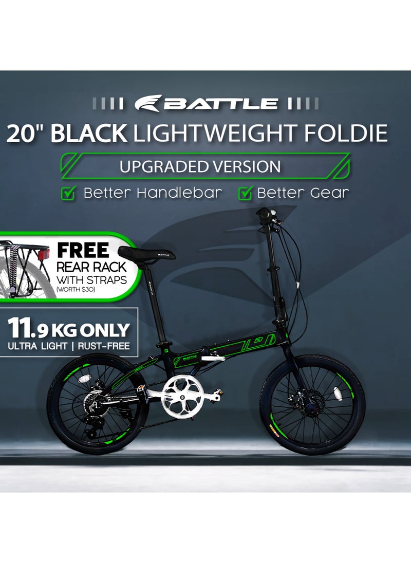 Battle BATTLE 20 Inch Lightweight Folding Bike Free Rear Rack With Straps - Foldable Bicycle For Men & Ladies & Kids (Black)  - Image 3