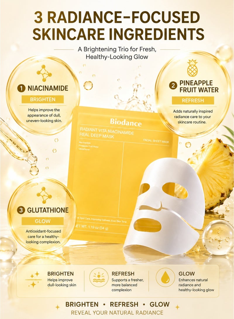 Biodance Radiant Vita Niacinamide Real Deep Mask 34g – Brightening & Hydrating Face Mask with Niacinamide, Pineapple Fruit Water & Glutathione for Dull, Uneven-Looking Skin - Image 2