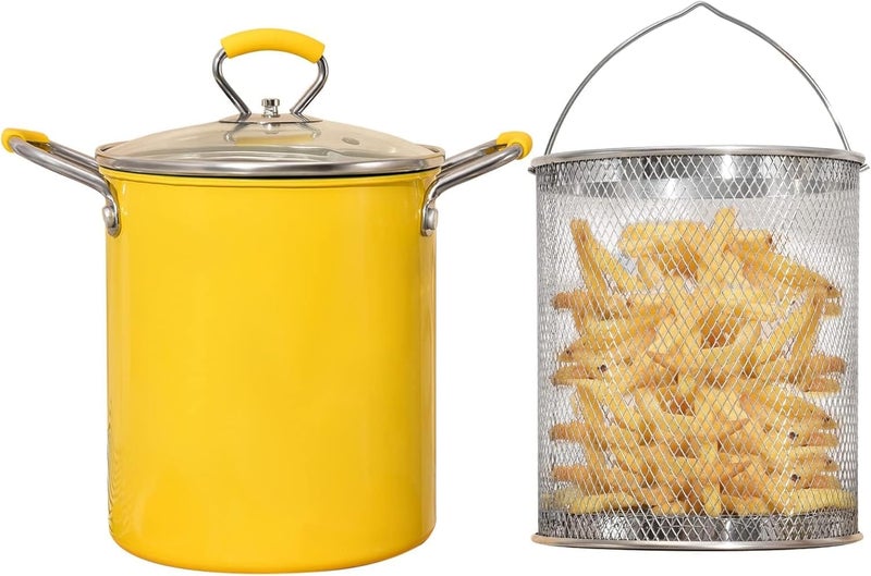 Deep Fryer Pot with basket Deep Fryer Pot, Japanese Frying Pot with Oil Filter Rack Lid for Home Kitchen, Sturdy Stainless Steel Oil Fryer for Chips Chicken 5L