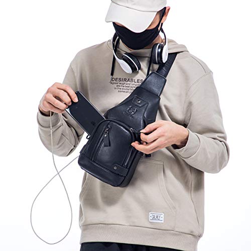 BULLCAPTAIN Genuine Leather Sling Bag with USB Charging Port Multi-pocket Chest Bag for Men Hiking Travel Daypack XB-129 (Magic Black) - Image 5
