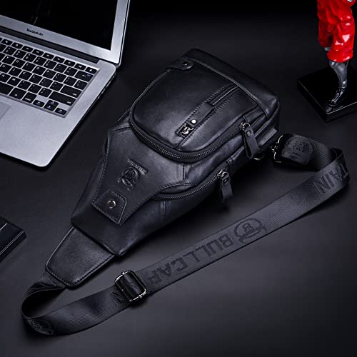 BULLCAPTAIN Genuine Leather Sling Bag with USB Charging Port Multi-pocket Chest Bag for Men Hiking Travel Daypack XB-129 (Magic Black) - Image 2