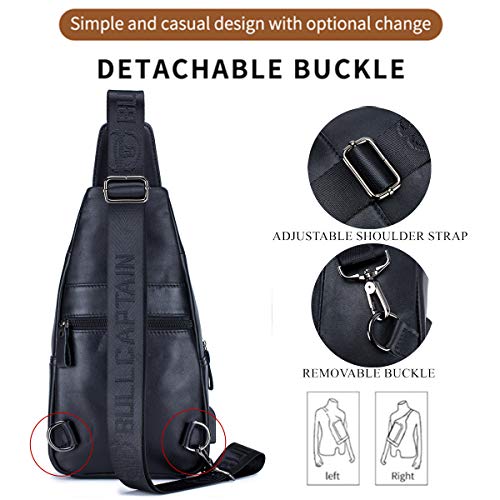 BULLCAPTAIN Genuine Leather Sling Bag with USB Charging Port Multi-pocket Chest Bag for Men Hiking Travel Daypack XB-129 (Magic Black) - Image 4