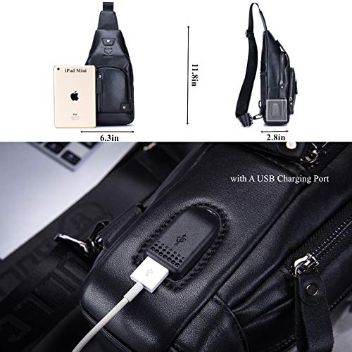 BULLCAPTAIN Genuine Leather Sling Bag with USB Charging Port Multi-pocket Chest Bag for Men Hiking Travel Daypack XB-129 (Magic Black) - Image 3