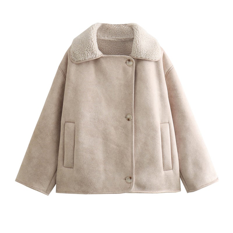 ZA womens clothing European and American style fashion Joker suede padded warm coat womens autumn and winter new jacket coat 565-9 Ivory White