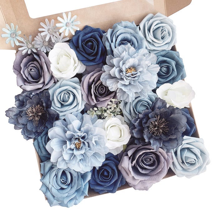 Roses Artificial Flowers Dusty Blue Silk Bulk for DIY Wedding Bouquets Bridal Baby Shower Decorations Fake Floral Arrangements for Party Table Centerpieces Home Decor Indoor Navy Royal Box Set
