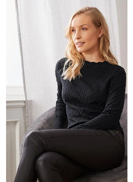Tchibo Women Scallop Neck Delicate Knit Sweater, Black  - Image 1
