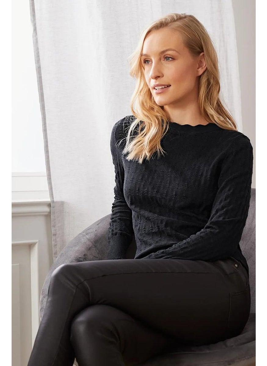 Tchibo Women Scallop Neck Delicate Knit Sweater, Black  - Image 1