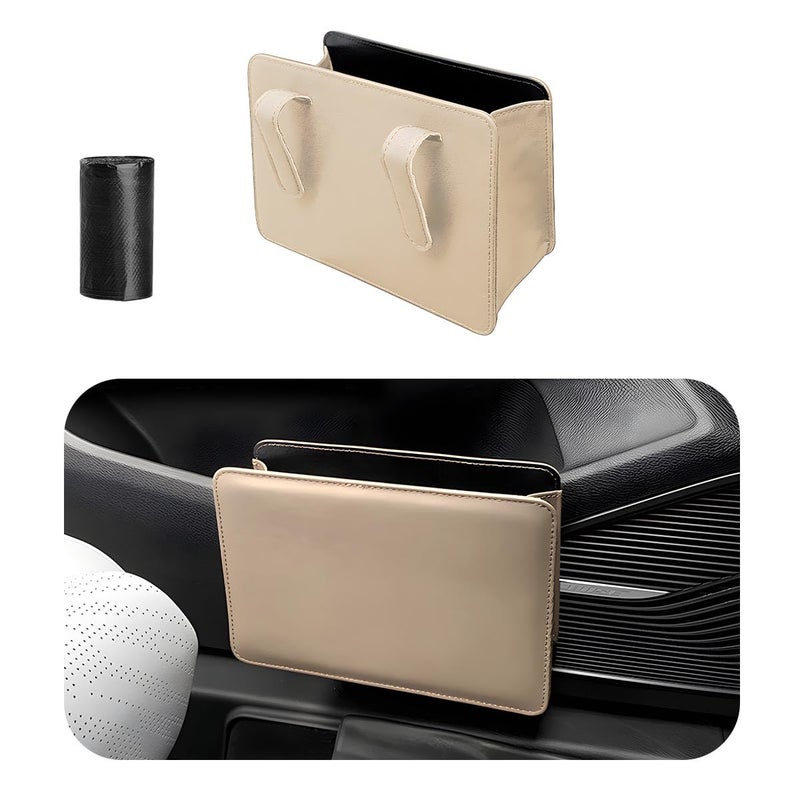 Yourkar Car Trash Can, Foldable Waterproof Leather Car Garbage Organizer Holder, Automotive Mini Dustbin Container with One Roll Trash Bag, Universal Interior Car Accessories (Beige) - Image 1