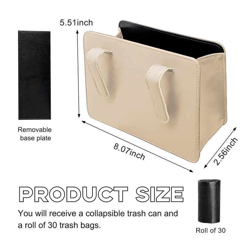 Yourkar Car Trash Can, Foldable Waterproof Leather Car Garbage Organizer Holder, Automotive Mini Dustbin Container with One Roll Trash Bag, Universal Interior Car Accessories (Beige) - Image 2