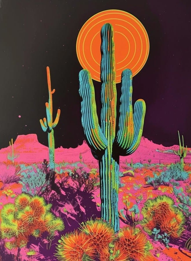 Lwlaboc Cactus Bathroom Decor, Desert Sunset Wall Art,Botanical Prints Trippy Posters,Green Pastel Landscape Abstract Illustrations,Cactus Pink Pictures Wall Decor for Living Room Home Aesthetic Gifts - Image 1