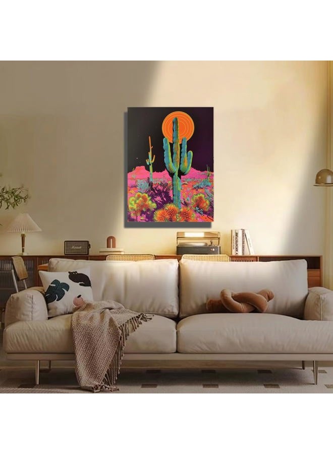 Lwlaboc Cactus Bathroom Decor, Desert Sunset Wall Art,Botanical Prints Trippy Posters,Green Pastel Landscape Abstract Illustrations,Cactus Pink Pictures Wall Decor for Living Room Home Aesthetic Gifts - Image 5