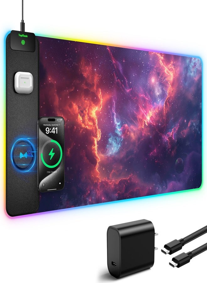 TopMade RGB Gaming Mouse Pad with 15W Wireless Charging, 31.5” x 15.8” XXL Large Desk Mat Home Office Keyboard Pad for Desk, Waterproof Mousepad with Smooth Surface, Non-Slip Base, Galaxy Nebula - Image 1