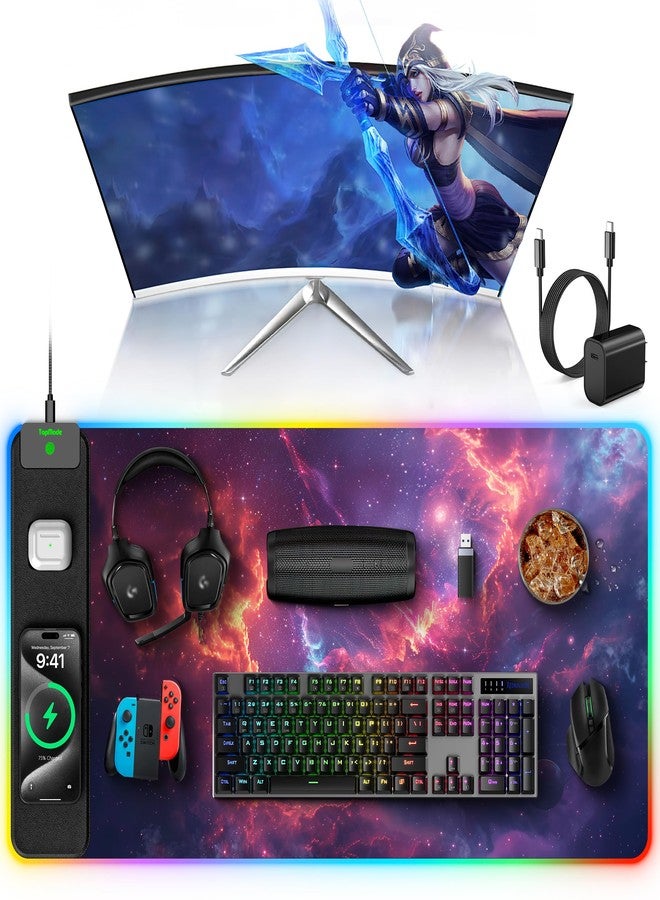 TopMade RGB Gaming Mouse Pad with 15W Wireless Charging, 31.5” x 15.8” XXL Large Desk Mat Home Office Keyboard Pad for Desk, Waterproof Mousepad with Smooth Surface, Non-Slip Base, Galaxy Nebula - Image 2
