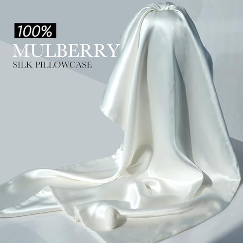 J JIMOO 100% Mulberry Silk Pillowcase for Hair and Skin, 22 Momme Pure Natural Silk Pillow Case Both Sided with Zipper, Pillow Cover for Women Mom Men (Ivory White, Standard 20''×26'', 1 Pack) - Image 4
